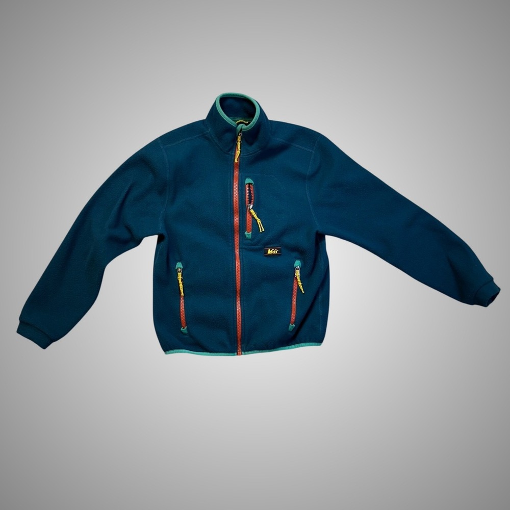 REI Fleece Jacket Kids Medium Teal‎ Orange Excellent Colorblock Full Zip Coat
